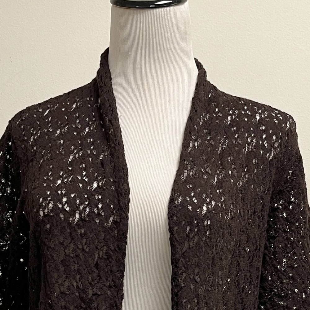 Eileen Fisher dark brown croshet knit open cardigan bolero sweater S
